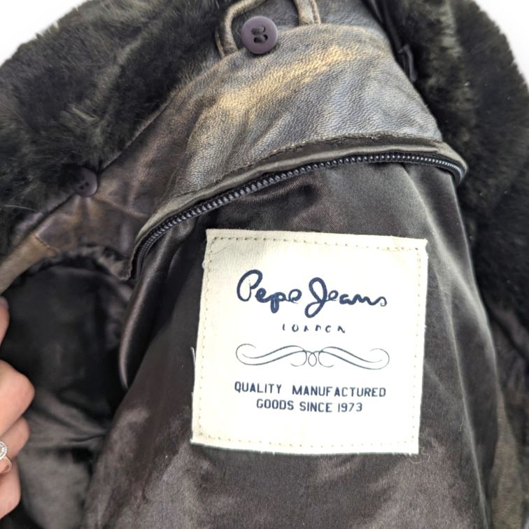 Pepe Jeans Vintage Fur Collar Brown Goat Leather Jacket Women Size XL