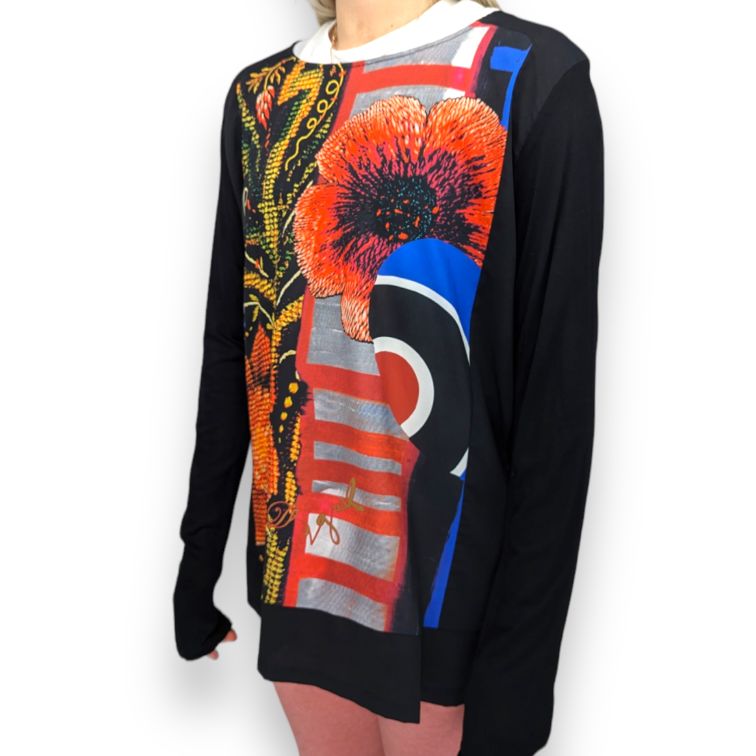 Desigual Christain Lacroix Black Long Sleeve Poppy Print Blouse T-shirt Women XL