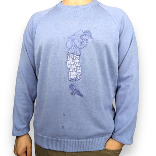 Vintage Blue Golf Player Embroidered Crew Neck Pullover Jumper Men Size XL