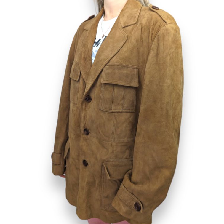 St Michael Brown Button Suede Leather Coat Jacket Women Size Large