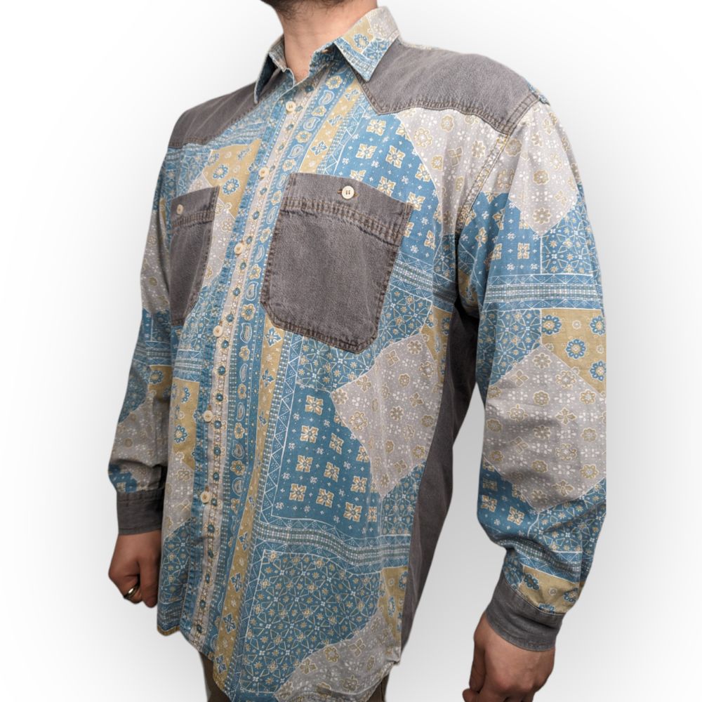 Eclectic Vintage Blue Grey Geometric Floral Denim Shirt Men Size Large