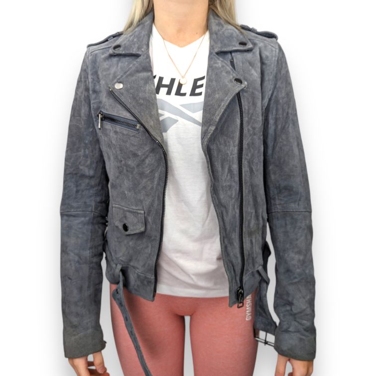 Review Vintage Grey Biker Suede Leather Jacket Women Size Small
