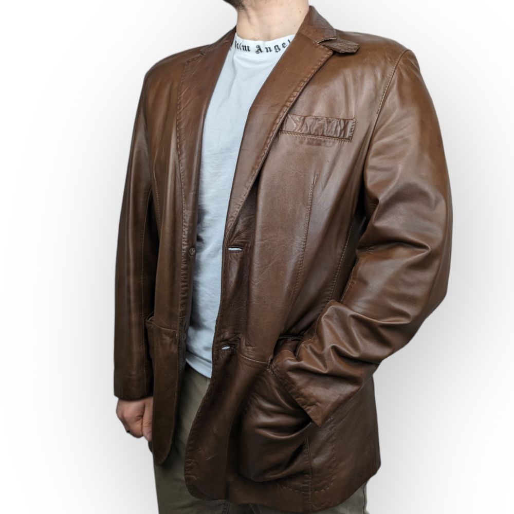 Vintage Brown Button Up Soft Sheep Leather Jacket Blazer Men Size Large