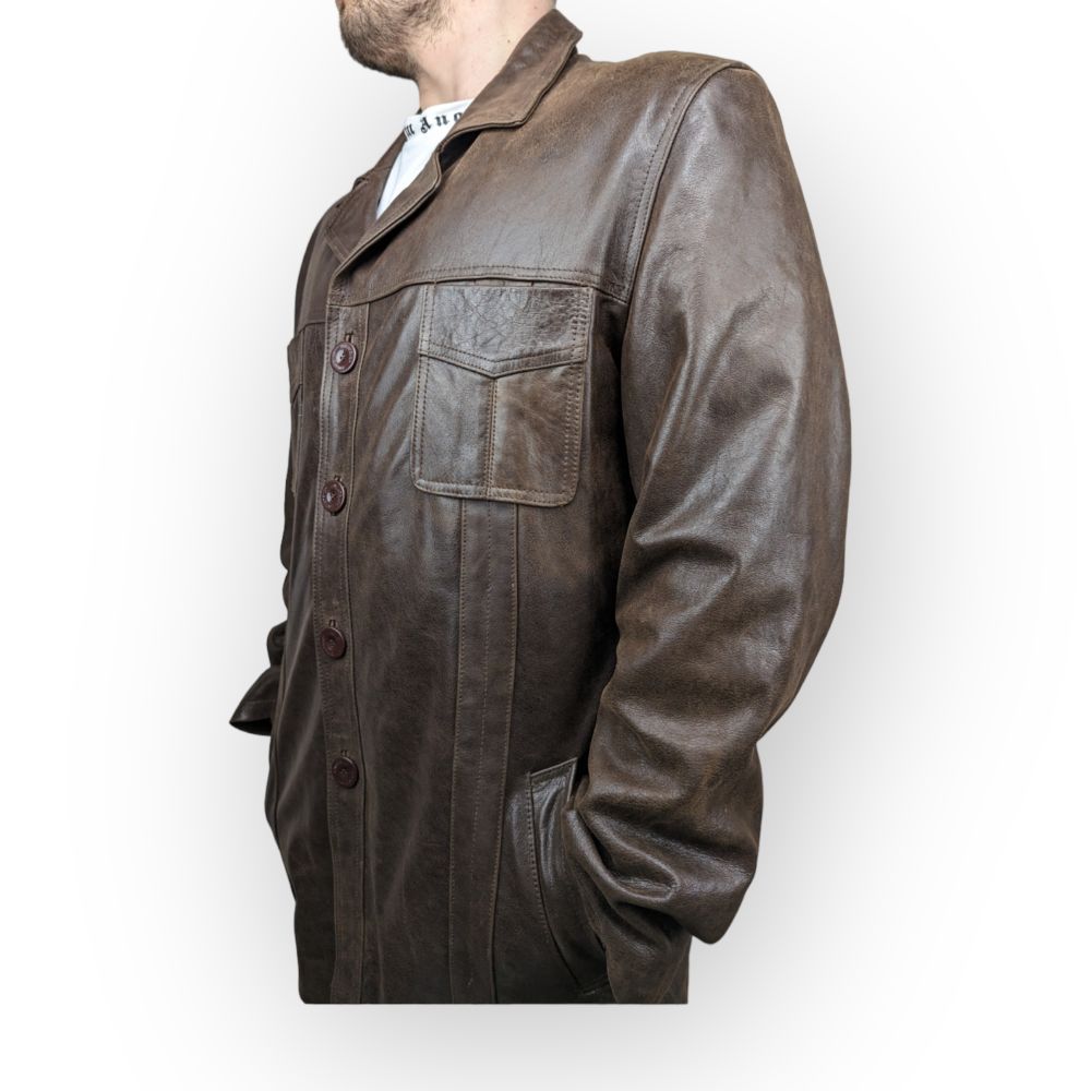 Aviatrix Vintage Brown Button Up Leather Coat Jacket Men Size XL