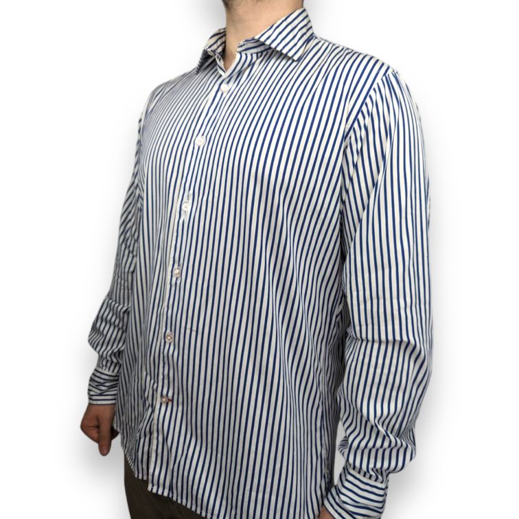 Tommy Hilfiger Blue White 80s Two Ply Long Sleeve Striped Shirt Men Size Large