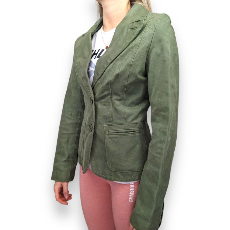 AWEAR Vintage Green Leather Blazer Jacket Women Size UK 8