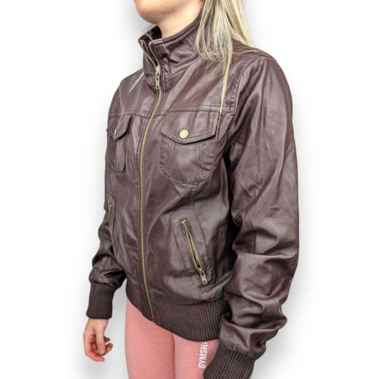 Ambiance Appared Vintage Brown Leather Biker Jacket Women Size XL