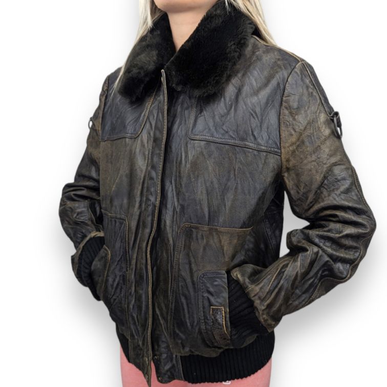 Pepe Jeans Vintage Fur Collar Brown Goat Leather Jacket Women Size XL