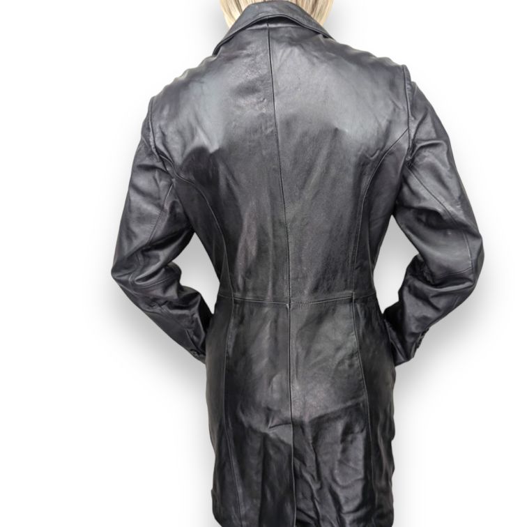 EL Vintage Black Real Leather Trench Coat Women Size UK 14