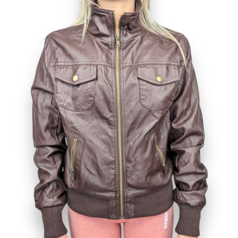 Ambiance Appared Vintage Brown Leather Biker Jacket Women Size XL