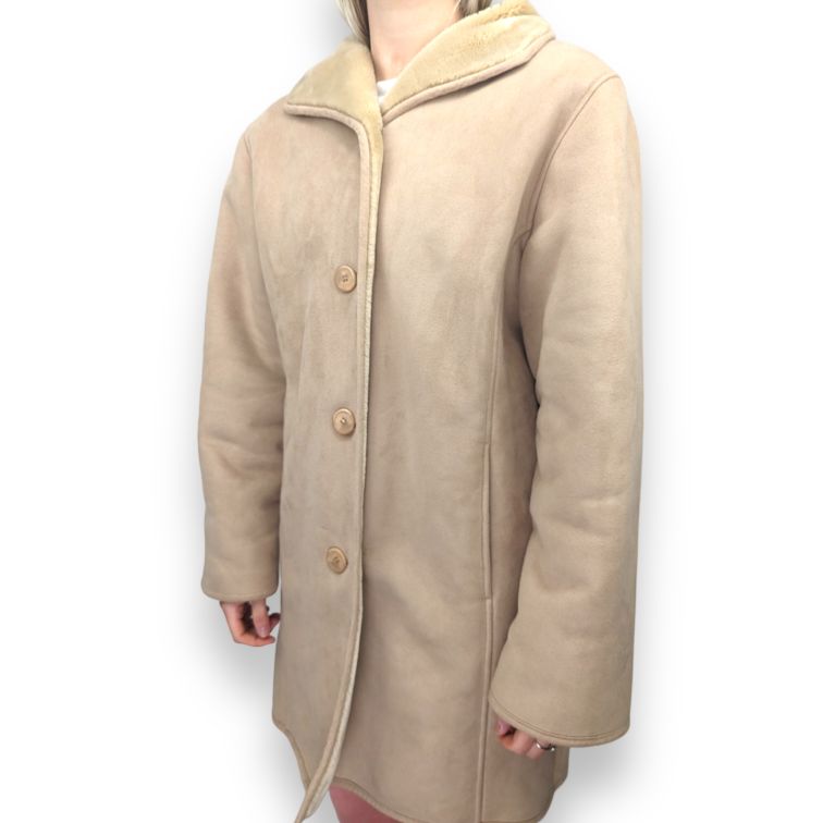 Jack Murphy Vintage Beige Fur Lined Long Suede Leather Coat Women Size UK 12