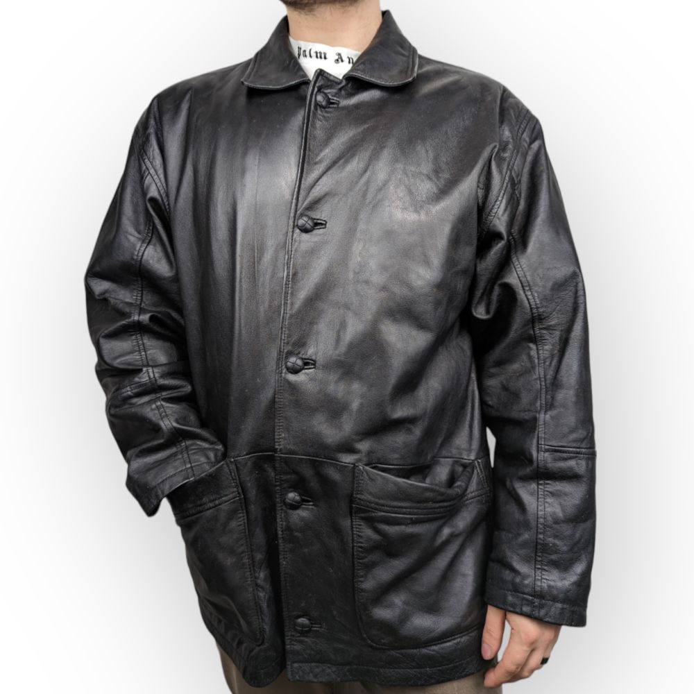Modern Classic Black Button Up Leather Coat Men Size Large