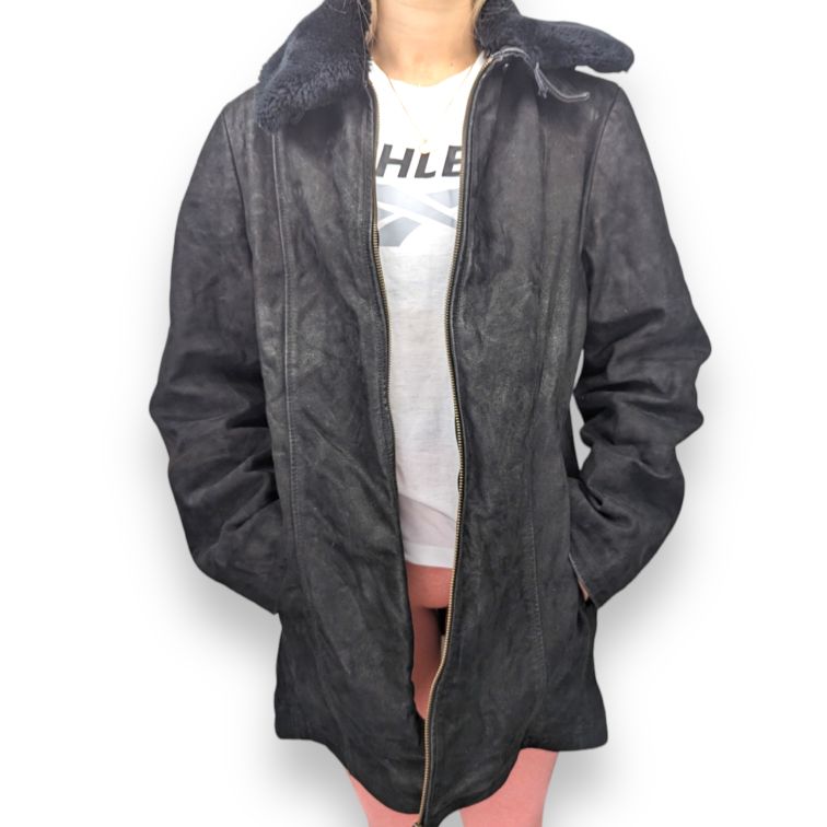 Vintage Black Zip Up Fur Collar Genuine Leather Jacket Coat Women Size UK 14