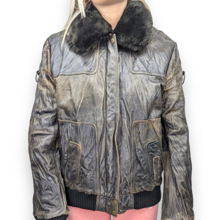 Pepe Jeans Vintage Fur Collar Brown Goat Leather Jacket Women Size XL
