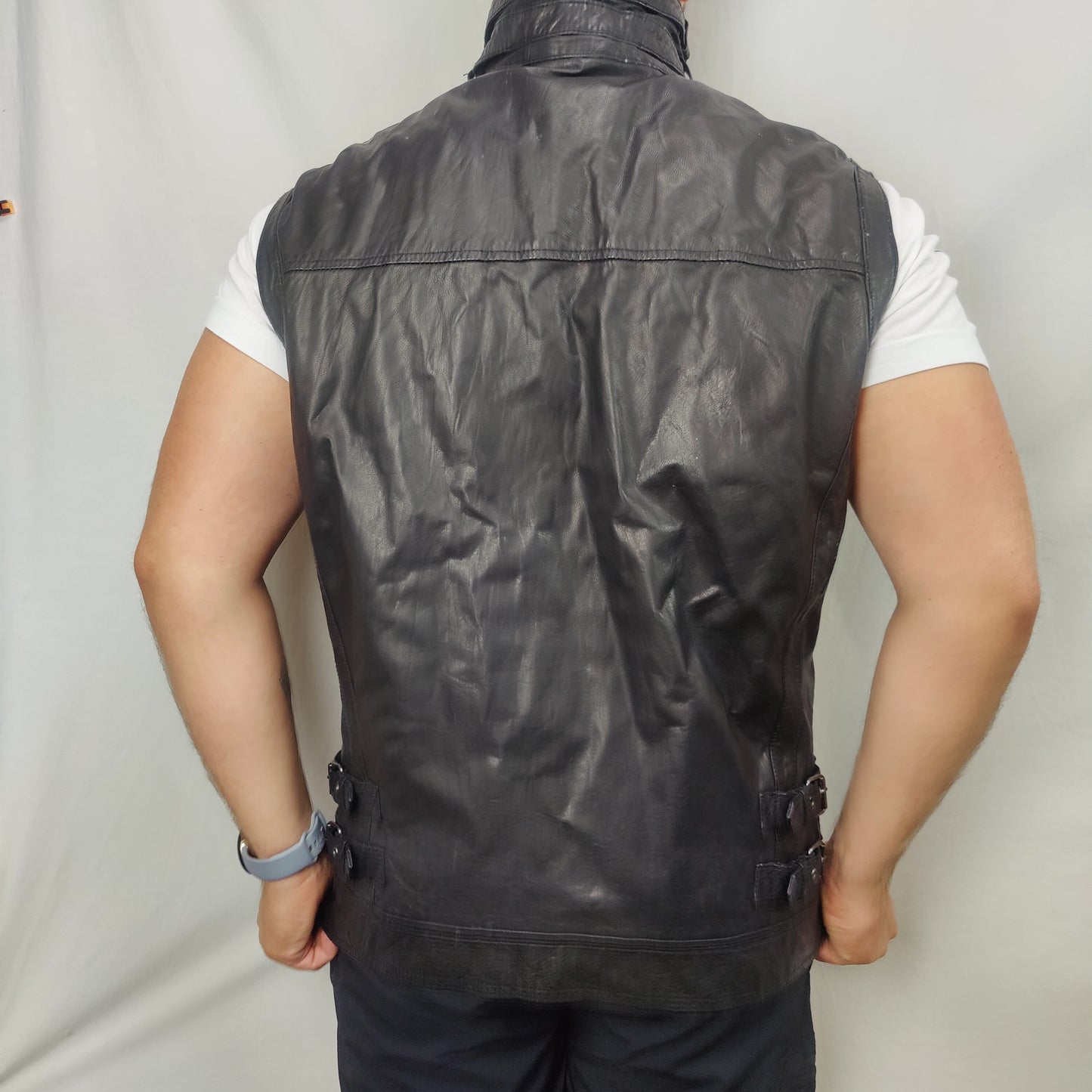 Gap Vintage Black Leather Gilet Waist Coat Jacket Men Size Large