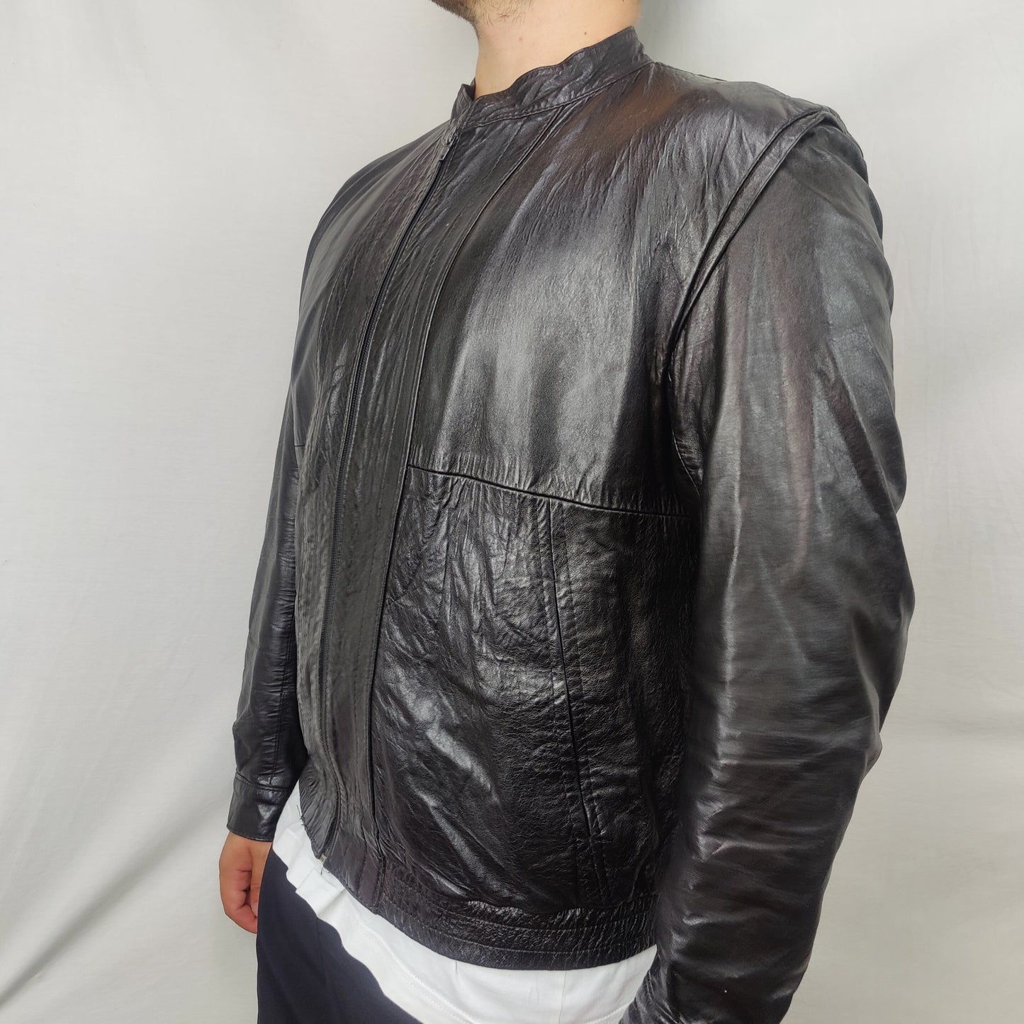 Framic Vintage Black Leather Motorcycle Biker Jacket Men Size XL
