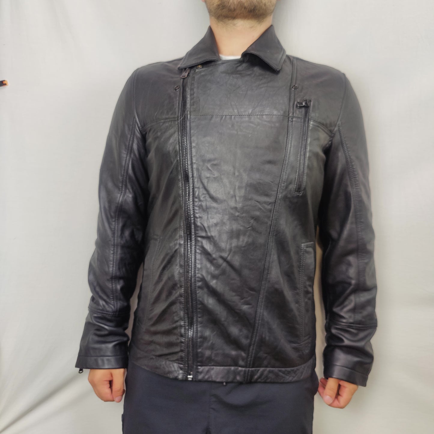 S'Oliver QS Vintage Black Leather Motorcycle Biker Jacket Men Size Large