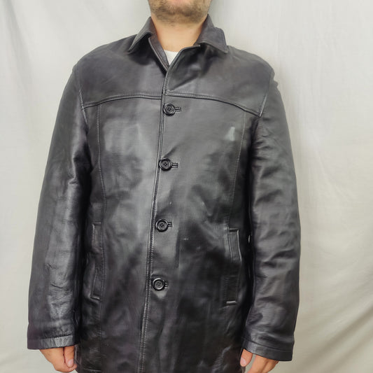 Remus Uomo Black Long Leather Jacket Coat Men Size XL