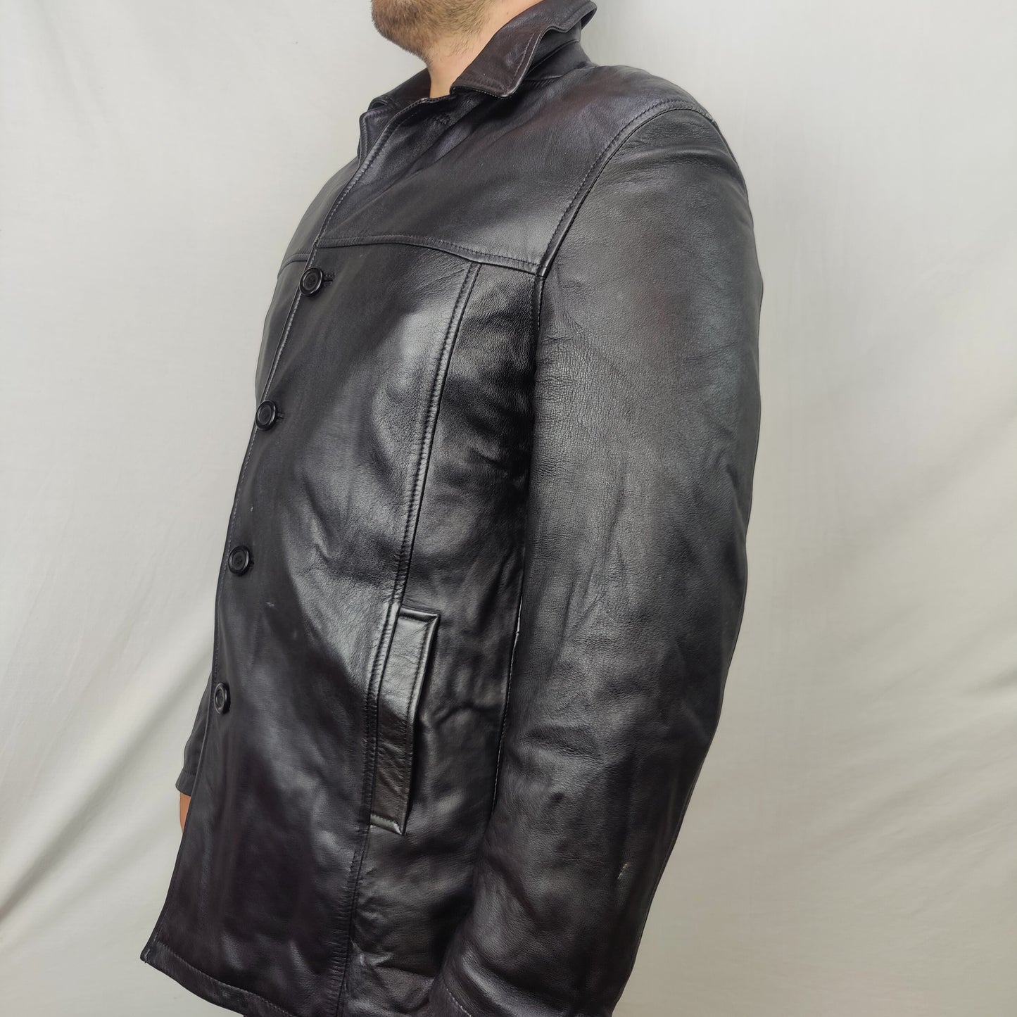 Remus Uomo Black Long Leather Jacket Coat Men Size XL