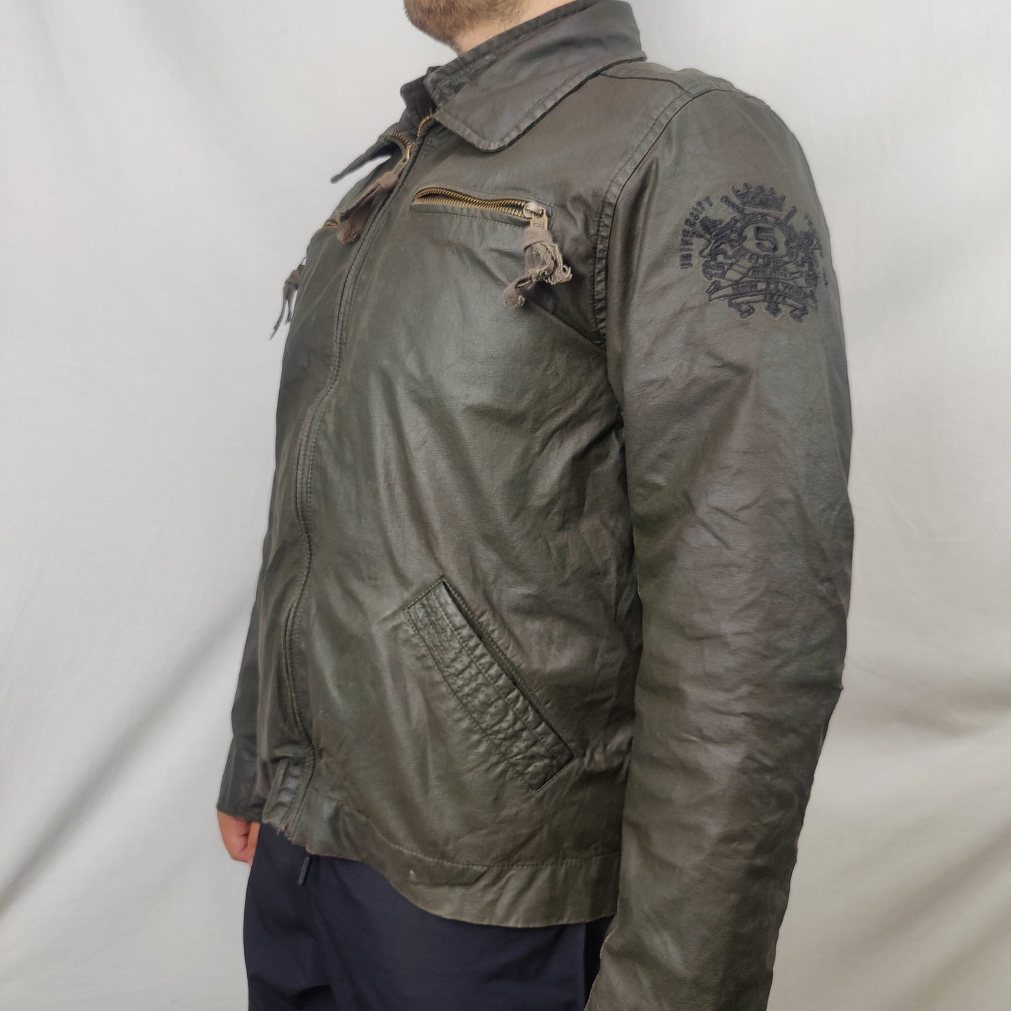 Scotch and Soda Vintage Green Leather Motorcycle Biker Jacket Men Large