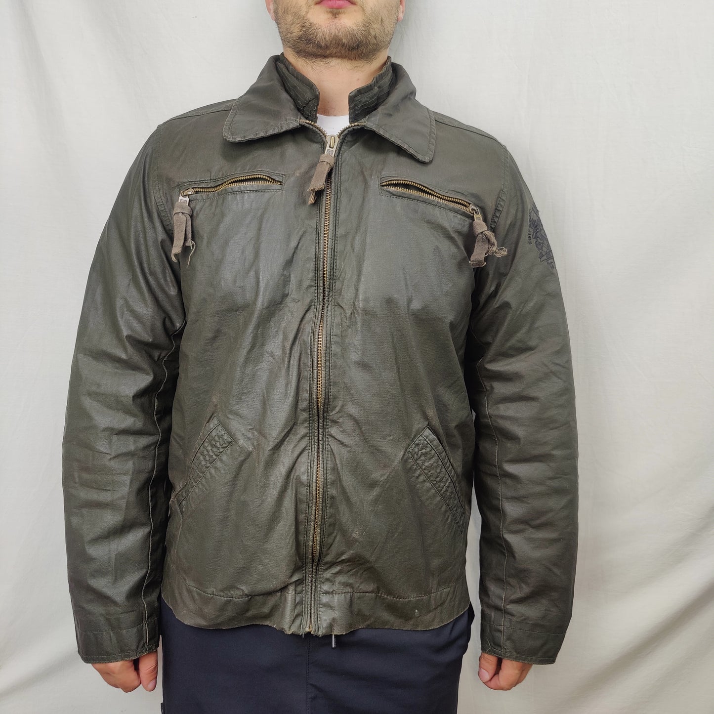 Scotch and Soda Vintage Green Leather Motorcycle Biker Jacket Men Large