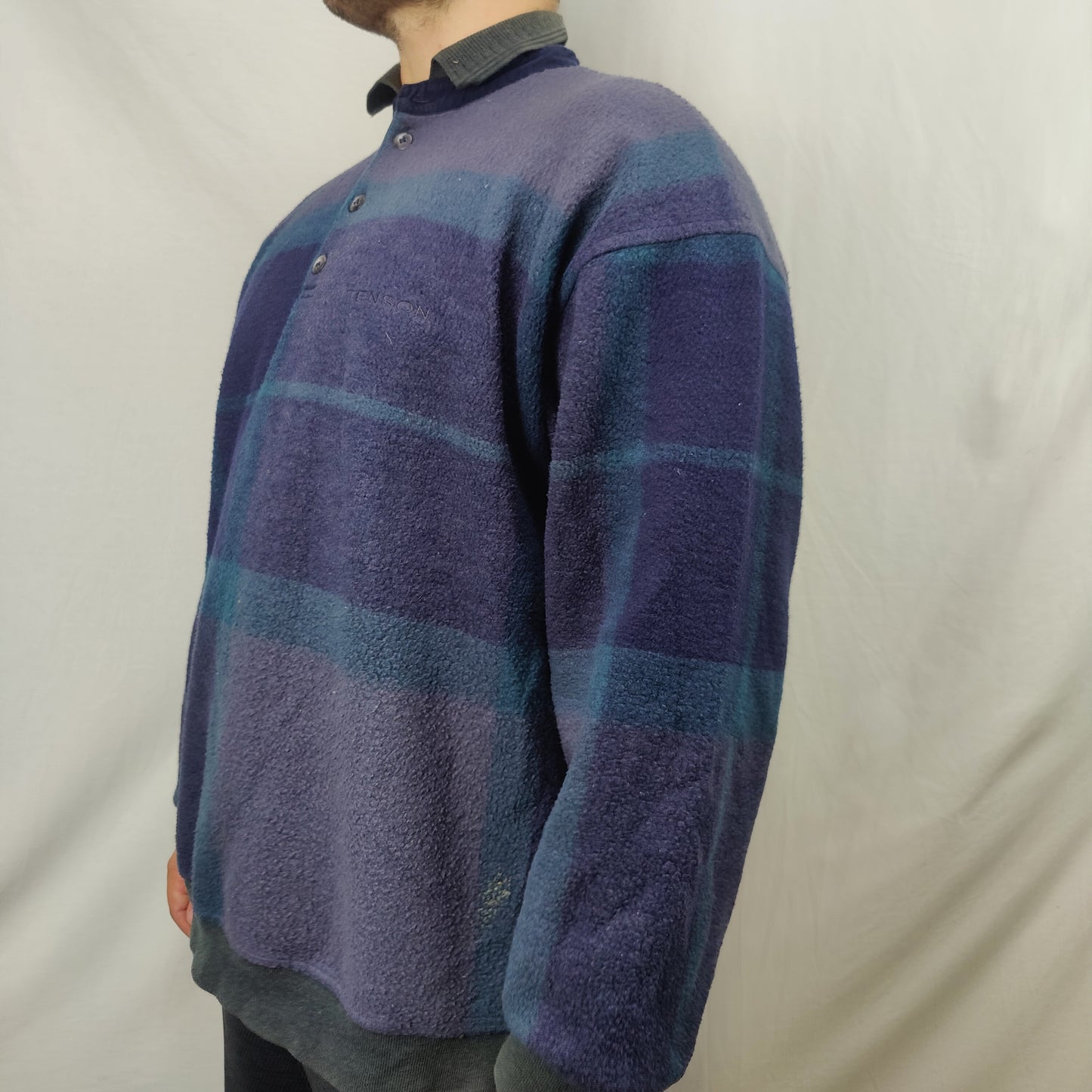 Tenson Blue Checkered Fleece Collared Jumper Men Size XL
