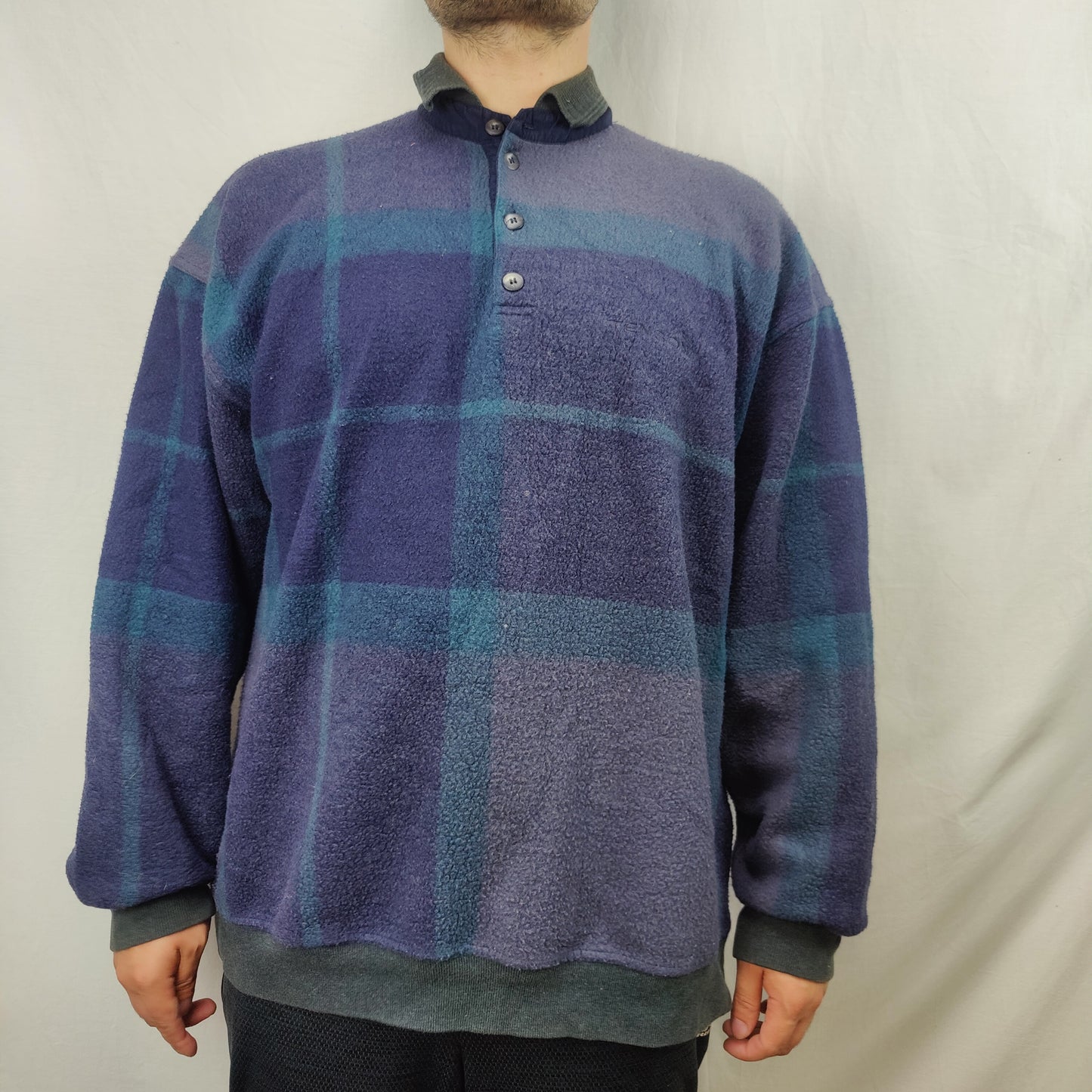 Tenson Blue Checkered Fleece Collared Jumper Men Size XL