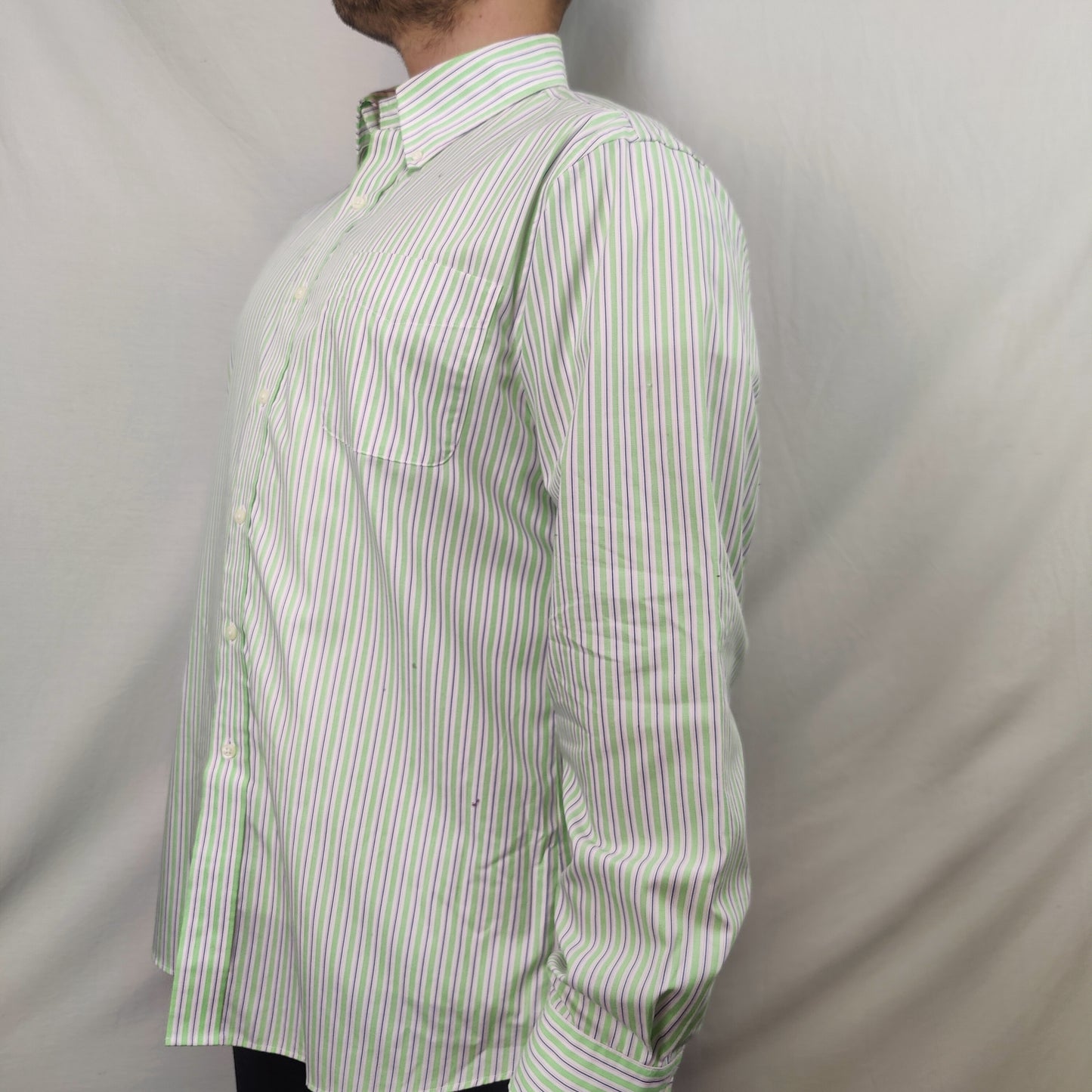 Ralph Lauren White Green Striped Long Sleeve Casual Shirt Men Size Large