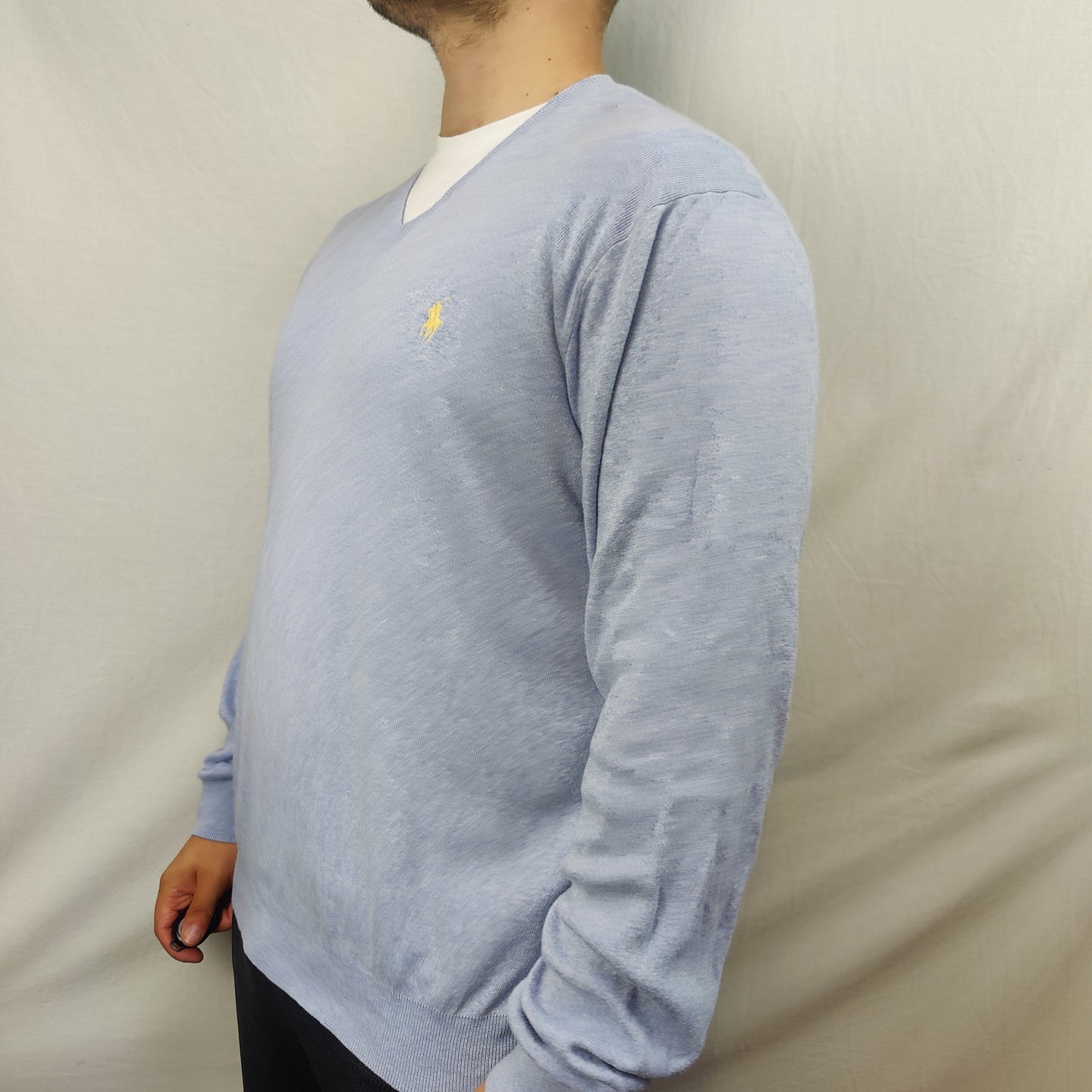 Polo Ralph Lauren Vintage Light Blue Cotton Knit V Neck Jumper Men XL