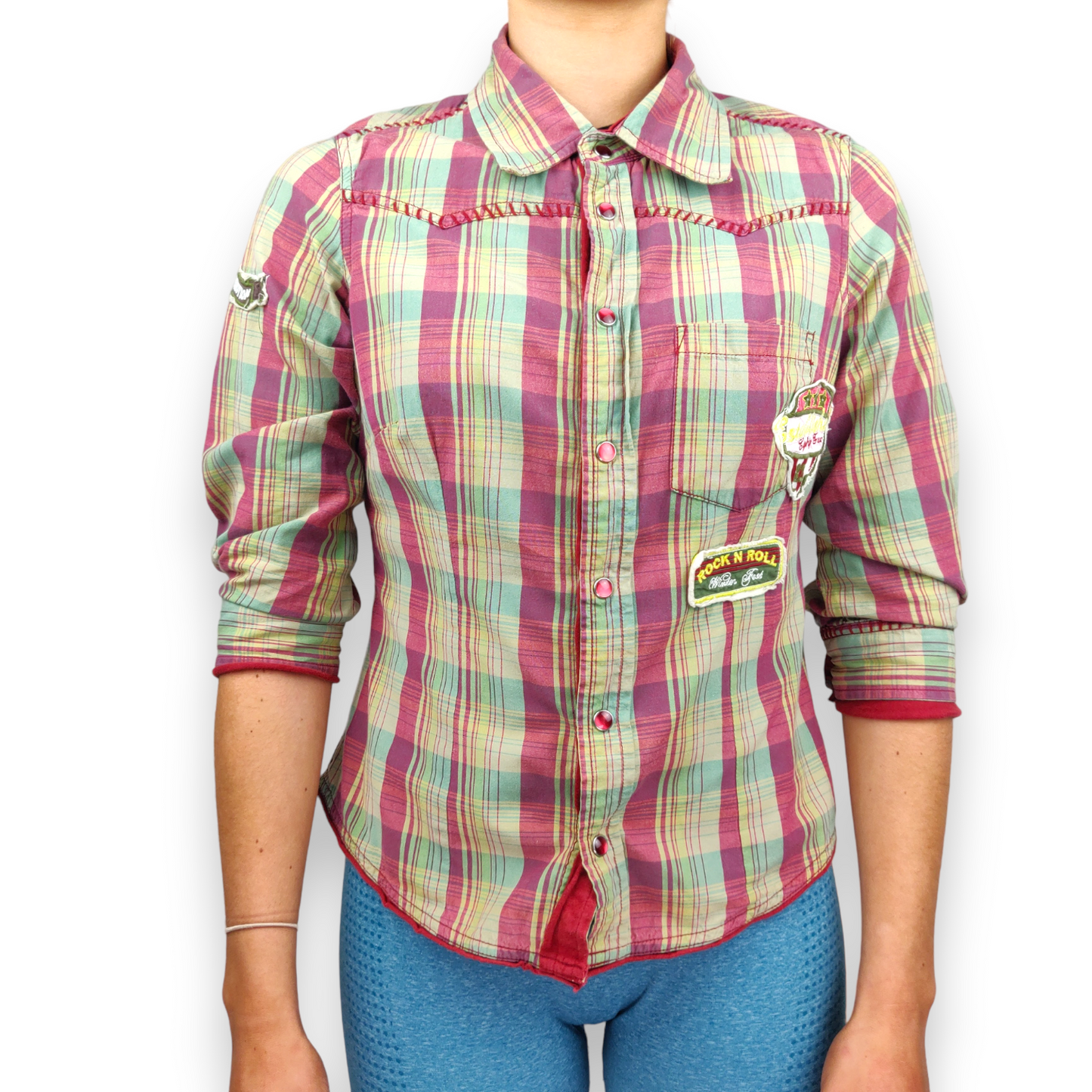 Next Petite Vintage Green Pink 3/4 Sleeve Plaid Shirt Blouse Women Size UK 10