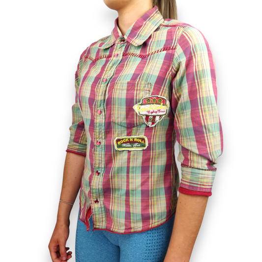 Next Petite Vintage Green Pink 3/4 Sleeve Plaid Shirt Blouse Women Size UK 10