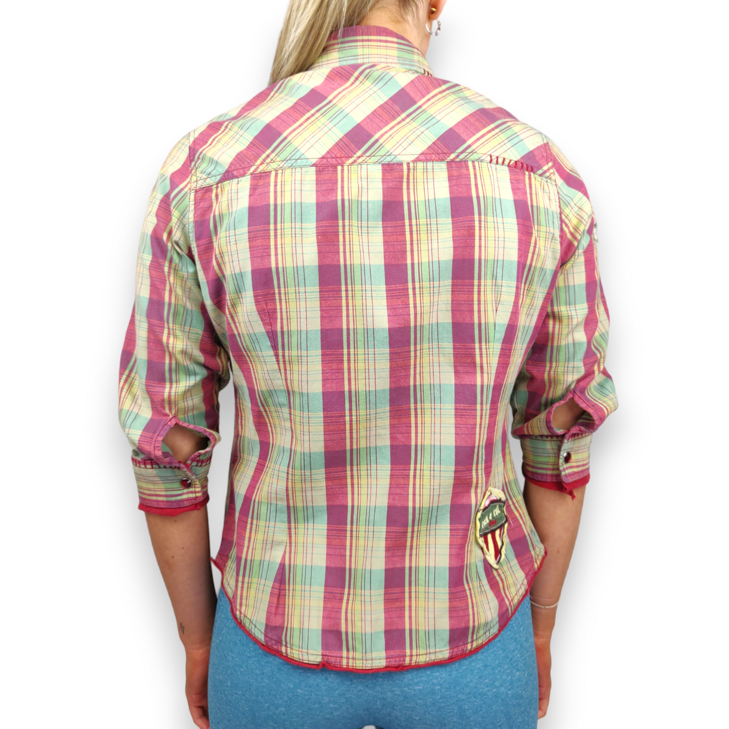Next Petite Vintage Green Pink 3/4 Sleeve Plaid Shirt Blouse Women Size UK 10