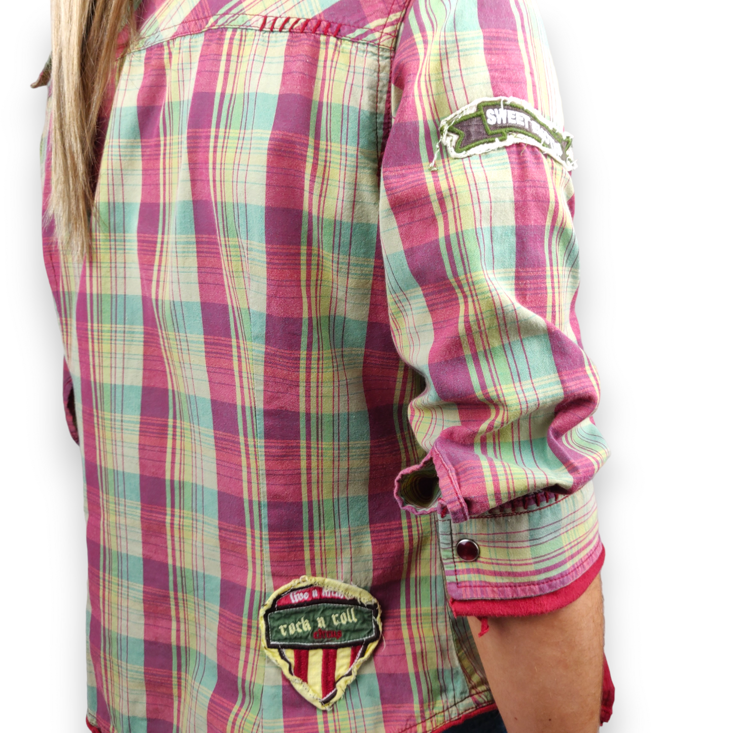 Next Petite Vintage Green Pink 3/4 Sleeve Plaid Shirt Blouse Women Size UK 10