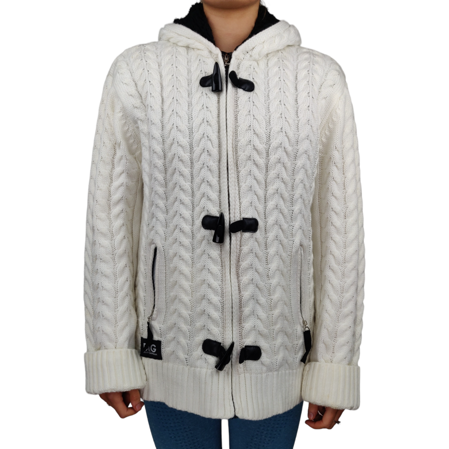 Dolce & Gabbana White Cable Knit Fleece Lined Full-Zip Hoodie Women Size Large