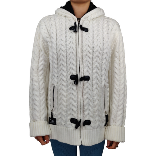 Dolce & Gabbana White Cable Knit Fleece Lined Full-Zip Hoodie Women Size Large