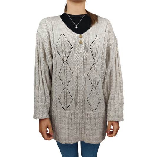 Cladurnic Irish Heritage Vintage White Merino Wool V-Neck Jumper Women Medium