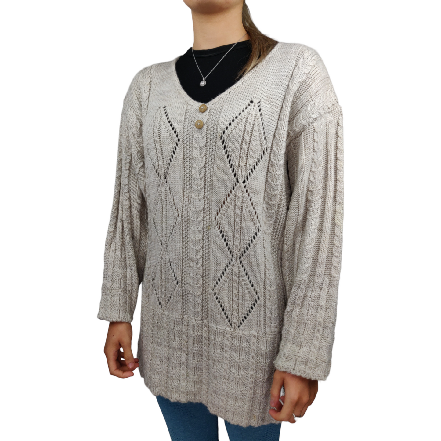 Cladurnic Irish Heritage Vintage White Merino Wool V-Neck Jumper Women Medium