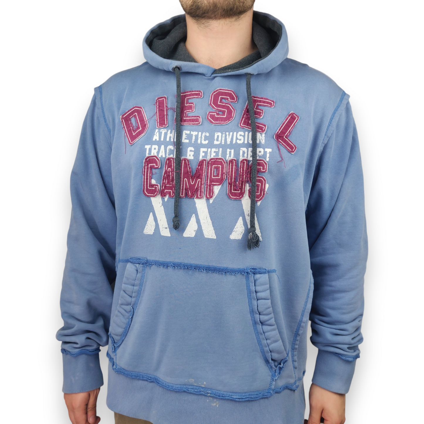 Diesel Vintage Track & Field Embroidered Blue Pullover Hoodie Men Size XL