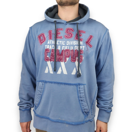 Diesel Vintage Track & Field Embroidered Blue Pullover Hoodie Men Size XL