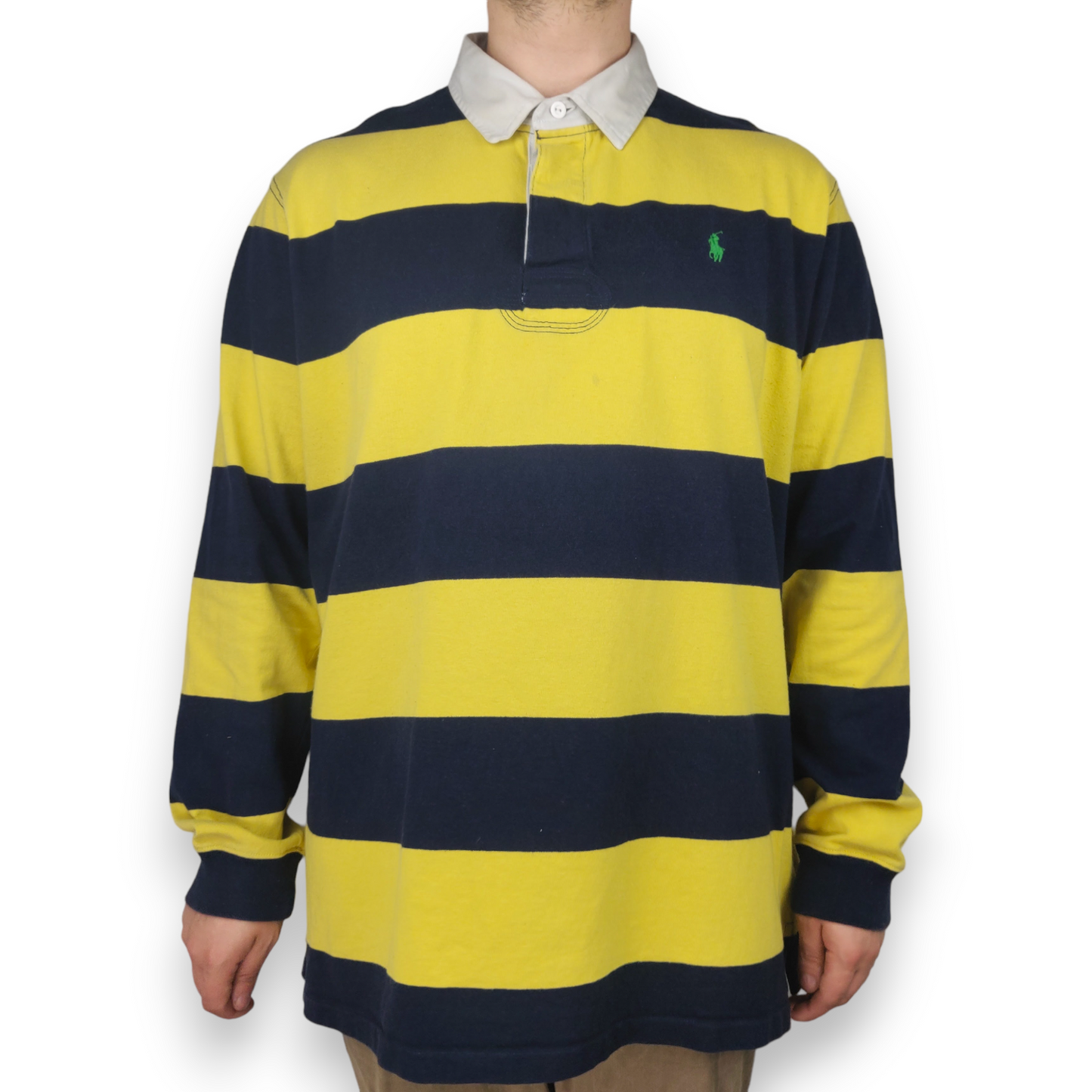 Polo Ralph Lauren Vintage Yellow Striped Long Sleeve Rugby Polo Shirt Men XL