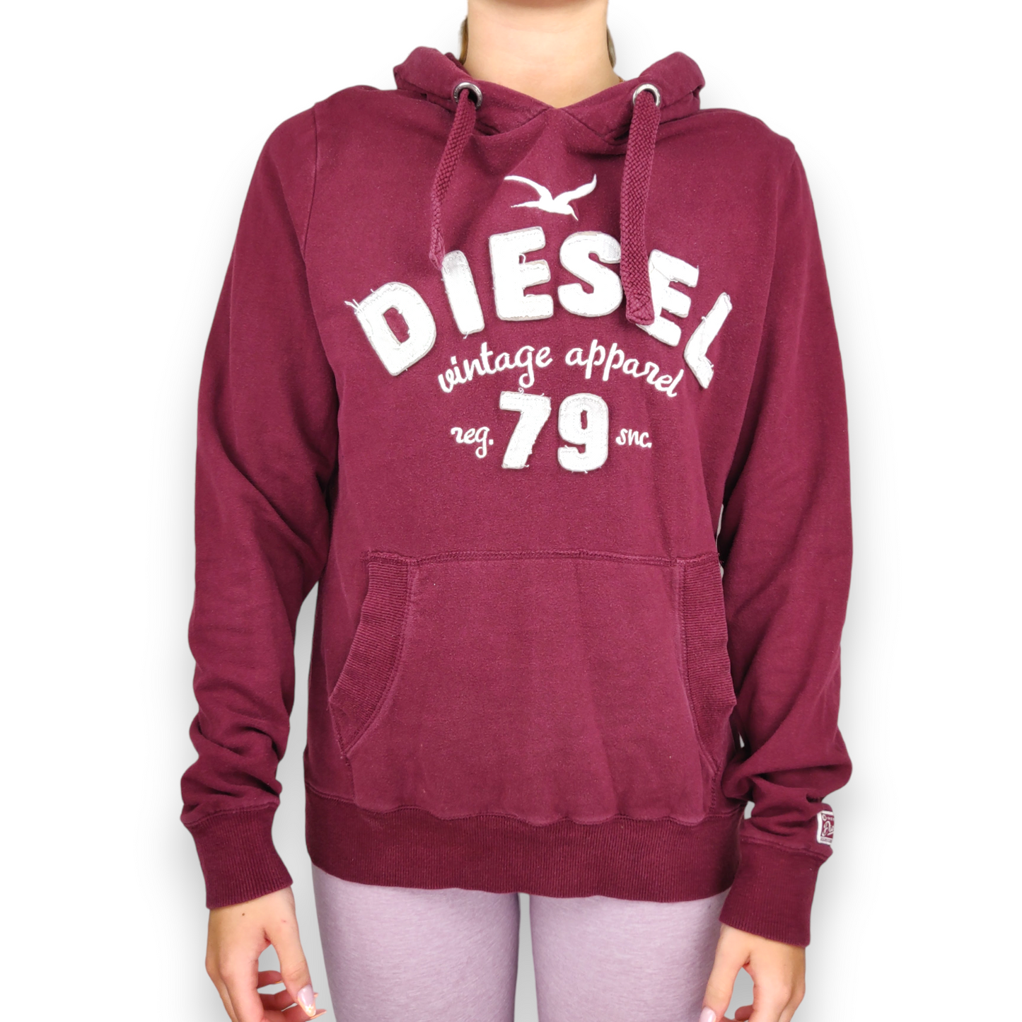 Diesel Vintage Burgundy Embroidered Pullover Hoodie Women Size Medium