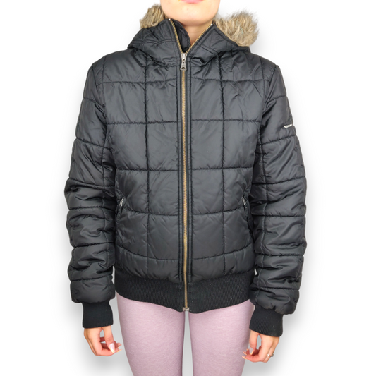 Tommy Hilfiger Vintage Black Down Quilted Fur Hood Puffer Jacket Women Size Medium