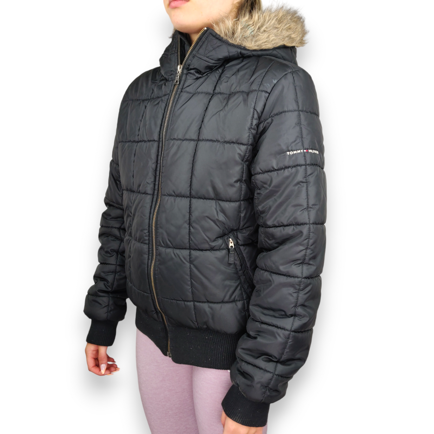 Tommy Hilfiger Vintage Black Down Quilted Fur Hood Puffer Jacket Women Size Medium