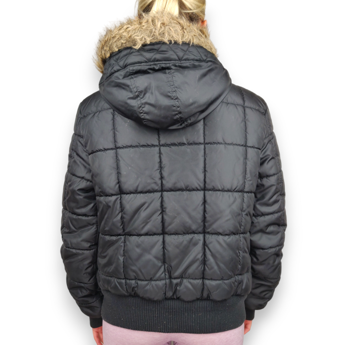 Tommy Hilfiger Vintage Black Down Quilted Fur Hood Puffer Jacket Women Size Medium