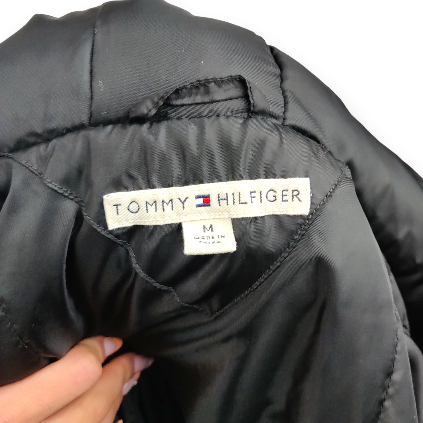 Tommy Hilfiger Vintage Black Down Quilted Fur Hood Puffer Jacket Women Size Medium