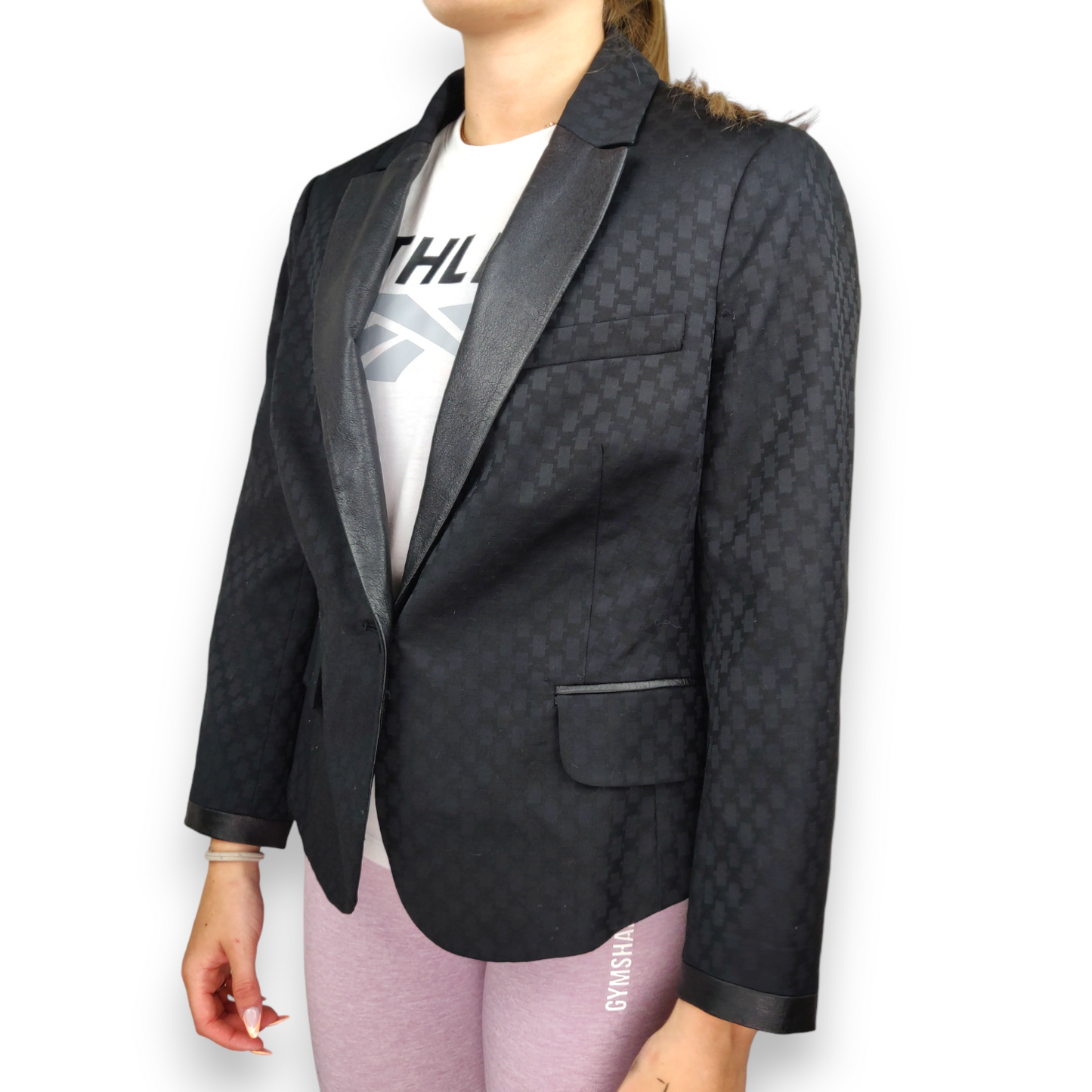 Karen Millen Tailored Black 3/4 Sleeve Faux Leather Trim Blazer Jacket Women UK 12