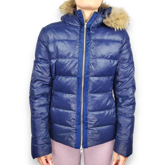 Moncler Vintage Blue Fur Hood Down Quilted Puffer Jacket Women Size Medium