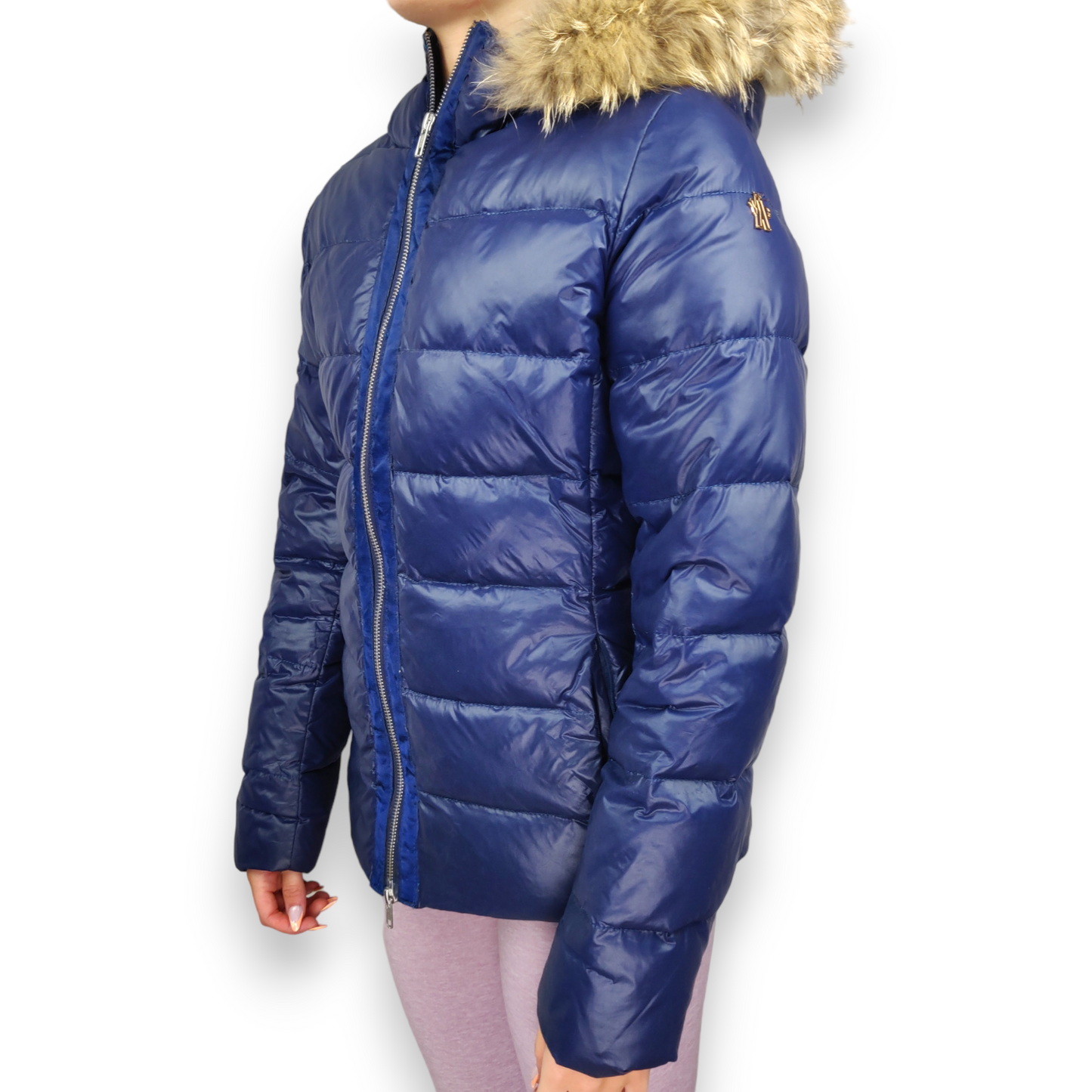 Moncler Vintage Blue Fur Hood Down Quilted Puffer Jacket Women Size Medium