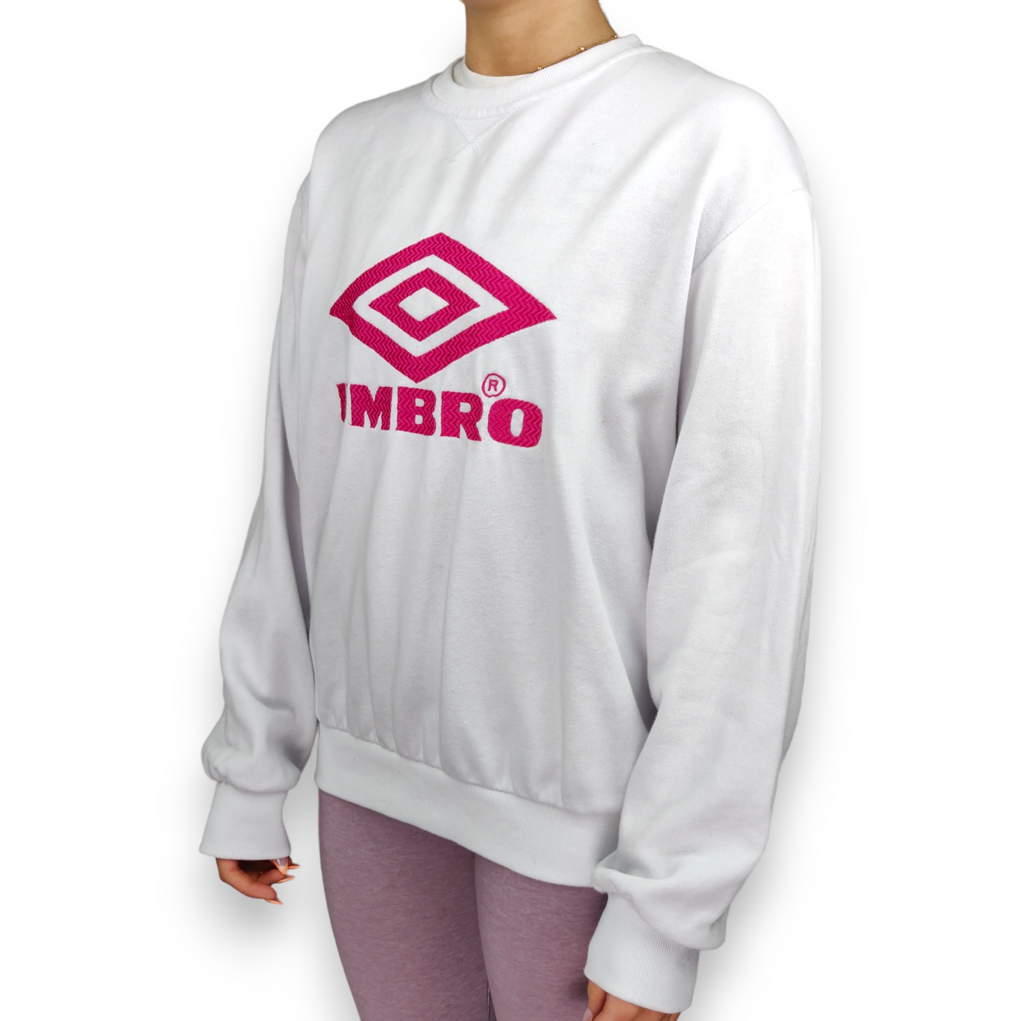 Umbro Vintage White Pink Embroidered Logo Pullover Sweatshirt Women Size Large