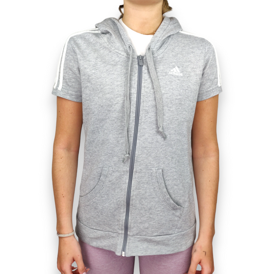 Adidas Grey Short Sleeve White Stripes Full Zip Hoodie Women Size UK 12
